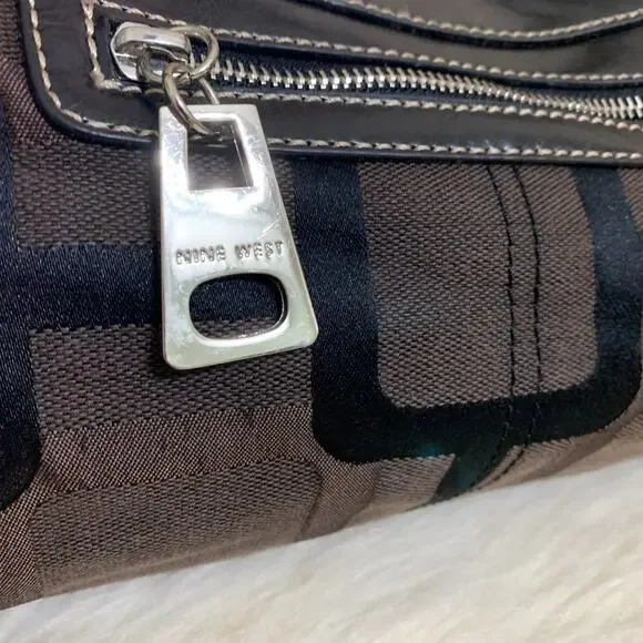 NINE WEST Vintage Y2K Dark Brown & Black Logo Pattern Canvas Hobo Shoulder Bag - Picture 7 of 10